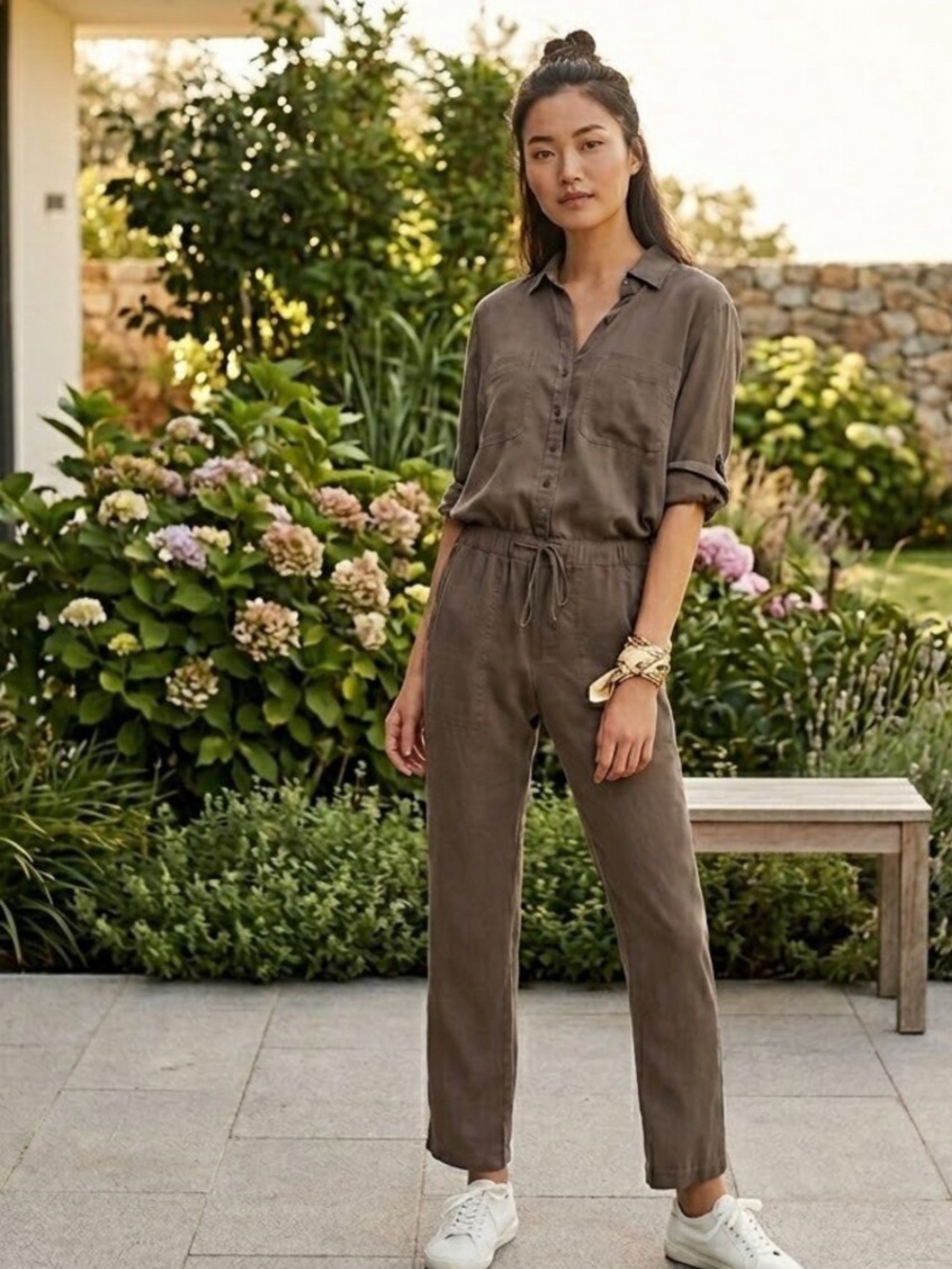 Anthropologie Olive Utility Drawstring Jumpsuit